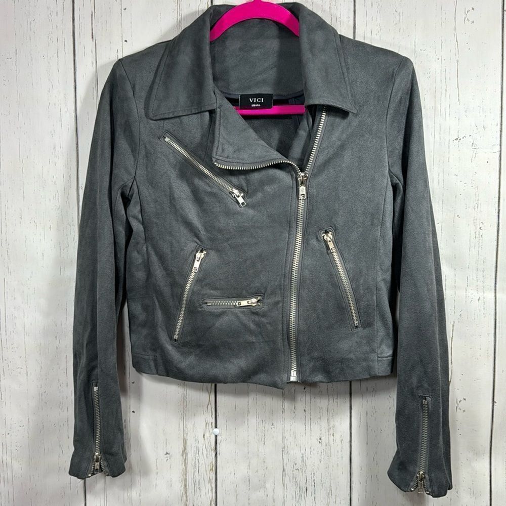 Vici Womens Gray Faux Suede Moto Zipper Detail Cropped Casual Jacket